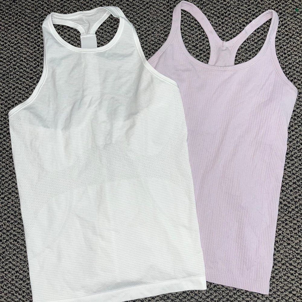 LULULEMON WHITE STRIPED , PINK RIBBED TANK TOP LOT $68 EACH